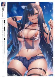 Rule 34 | 1girl, absurdres, animal ears, areola slip, bare shoulders, bikini, bikini under clothes, black bikini, blue eyes, blue shorts, blue sky, blush, breasts, cat ears, cleavage, collarbone, highres, large breasts, long hair, looking at viewer, melonbooks, nakatama kyou, navel, open mouth, original, short shorts, shorts, simple background, sky, smile, solo, swimsuit, thighs, wading, wet
