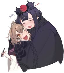 Rule 34 | 2girls, ahoge, black hair, black kimono, black scarf, blunt bangs, blush, braid, braided bun, brown eyes, brown hair, closed eyes, crossed bangs, double bun, english text, eus ing, fang, female focus, floral print, flower, furisode, gloves, hair bun, hair flower, hair ornament, haori, heart, holding, holding stylus, hololive, hololive english, hug, japanese clothes, kimono, lace, lace gloves, looking at another, messy hair, mole, mole under eye, multicolored hair, multiple girls, nanashi mumei, nanashi mumei (new year), ninomae ina&#039;nis, ninomae ina&#039;nis (new year), official alternate hairstyle, one eye closed, open mouth, pointy ears, print kimono, purple hair, scarf, sidelocks, simple background, straight hair, streaked hair, stylus, talking, virtual youtuber, white background, white hair, white kimono, wide sleeves