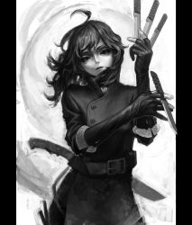 Rule 34 | 1girl, bad id, bad pixiv id, belt, between fingers, buckle, buttons, dual wielding, gloves, greyscale, head tilt, highres, holding, holding weapon, knife, kuyama516, lace trim, looking at viewer, monochrome, original, parted lips, partially fingerless gloves, pillarboxed, sketch, solo, sword, upper body, weapon, weapon on back