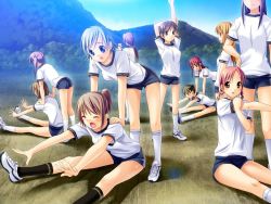 Rule 34 | 6+girls, assisted stretching, blonde hair, blue hair, braid, brown hair, closed eyes, cross-body stretch, day, everyone, female focus, g munyo, game cg, greensvale no mori no naka, grey hair, gym uniform, long hair, mountain, multiple girls, nature, open mouth, outdoors, pink hair, ponytail, purple hair, red eyes, red hair, short hair, smile, socks, stretching, twin braids, twintails