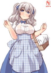 Rule 34 | 1girl, alternate costume, apron, artist logo, basket, blue bow, blue bowtie, blue eyes, blue skirt, bow, bowtie, breasts, commentary request, cowboy shot, dated, dress shirt, gingham, gingham apron, highres, kanon (kurogane knights), kantai collection, kashima (kancolle), kobeya, kobeya uniform, large breasts, long skirt, puffy short sleeves, puffy sleeves, shirt, short shorts, short sleeves, shorts, sidelocks, silver hair, simple background, skirt, smile, solo, twintails, waitress, wavy hair, white background, white shirt
