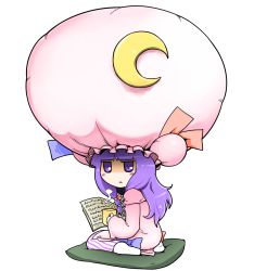 Rule 34 | 1girl, :&lt;, book, chibi, crescent, crescent moon, cup, cushion, female focus, full body, hat, highres, jitome, kneeling, long hair, looking back, moon, oversized object, patchouli knowledge, purple eyes, purple hair, sitting, solo, touhou, transparent background, wariza, yassy