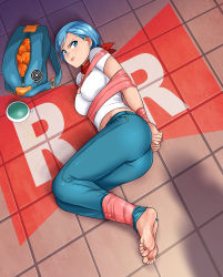 Rule 34 | 1girl, abduction, absurdres, ass, barefoot, bdsm, belly, blue eyes, blue hair, bondage, bound, bound ankles, bound wrists, breasts, bulma, cleavage, denim, dragon ball, dragon ball (object), dragon ball super, dragon radar, earrings, feet, highres, jeans, jewelry, kidnapped, lipstick, lost one zero, makeup, navel, pants, shadow, shirt, tape, tape bondage, toes, white shirt