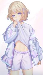 Rule 34 | 1girl, blonde hair, boku no edamame, choker, clothes lift, commentary request, cowboy shot, highres, hololive, hololive dev is, jacket, long sleeves, looking at viewer, midriff, navel, purple eyes, purple shorts, shirt, shirt lift, short hair, short shorts, shorts, solo, standing, stomach, todoroki hajime, two side up, virtual youtuber, white jacket, white shirt