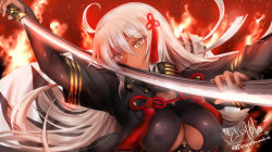 Rule 34 | 1girl, ahoge, arm up, black jacket, breasts, brown eyes, closed mouth, commentary request, covered erect nipples, dark-skinned female, dark skin, fate/grand order, fate (series), fire, hair between eyes, hair ornament, hand up, head tilt, holding, holding sword, holding weapon, jacket, kimura shuuichi, koha-ace, large breasts, layered sleeves, long hair, long sleeves, majin saber, okita souji (fate), okita souji alter (fate), short over long sleeves, short sleeves, signature, silver hair, solo, sword, twitter username, very long hair, weapon