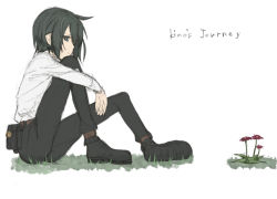 Rule 34 | 00s, 1girl, androgynous, artist request, black eyes, black hair, female focus, flat color, flower, grass, kino (kino no tabi), kino no tabi, nature, outdoors, pouch bag, short hair, solo, tagme, white background