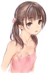 Rule 34 | 1girl, bad id, bad twitter id, black eyes, breasts, brown eyes, brown hair, camisole, cleavage, collarbone, hair bobbles, hair ornament, kawata hisashi, looking at viewer, low twintails, original, simple background, sketch, small breasts, solo, twintails, upper body, white background