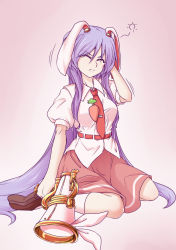 Rule 34 | 1girl, animal ears, belt, benizuwai, blouse, carrot, closed eyes, commentary request, full body, highres, long hair, lunatic gun, necktie, pink background, purple hair, rabbit ears, red necktie, red skirt, reisen udongein inaba, shirt, short sleeves, sitting, skirt, solo, tie clip, touhou, urban legend in limbo, very long hair, wariza
