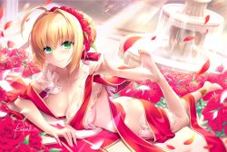 Rule 34 | 10s, 1girl, adapted costume, ahoge, anklet, ass, bad id, bad pixiv id, barefoot, blonde hair, blurry, breasts, butt crack, cleavage, commentary request, depth of field, fate/extra, fate (series), flower, fountain, green eyes, hair intakes, jewelry, kousaki rui, light rays, long hair, looking at viewer, lying, nero claudius (fate), nero claudius (fate) (all), nero claudius (fate/extra), official alternate costume, on stomach, petals, rose, rose petals, solo, the pose