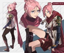 Rule 34 | 1girl, animification, apex legends, black gloves, black pantyhose, black shorts, blue eyes, breasts, cosplay, elbow gloves, final fantasy, final fantasy xiii, fingerless gloves, gloves, hair behind ear, hair between eyes, hair bun, head tilt, highres, jacket, lightning farron, lightning farron (cosplay), looking at viewer, medium breasts, multiple views, pantyhose, parted lips, red scarf, scarf, shorts, single elbow glove, sitting, sleeveless, sleeveless jacket, smile, thigh strap, thundergotch, white jacket, wraith (apex legends)