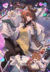 Rule 34 | 1girl, agnes tachyon (umamusume), ahoge, animal ears, artist name, beaker, black necktie, black pantyhose, black shirt, blurry, blurry foreground, blush, book, boots, breasts, brown eyes, brown hair, cake, cake slice, character name, chibi, chibi inset, clipboard, coat, collared shirt, crossed legs, cup, dated, erlenmeyer flask, flask, food, fork, happy birthday, heart, holding, holding clipboard, holding pen, horse ears, horse girl, horse tail, intravenous drip, lab coat, long sleeves, lying, medium hair, necktie, on back, on table, open mouth, pantyhose, pen, petri dish, plate, saucer, shirt, short necktie, sleeves past fingers, sleeves past wrists, small breasts, smile, solo, sugar cube, sweater, sweater vest, syringe, table, tail, teacup, test tube, test tube rack, umamusume, welchino, white coat, white footwear, yellow sweater