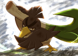 Rule 34 | bird, brown eyes, closed mouth, creatures (company), dirty, duck, dust, fighting stance, food, full body, galarian farfetch&#039;d, game freak, holding, holding food, holding vegetable, looking at viewer, nintendo, no humans, over shoulder, pokemon, pokemon (creature), shuri (syurigame), solo, spring onion, thick eyebrows, v-shaped eyebrows, vegetable