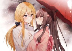 Rule 34 | 2girls, alternate costume, blonde hair, blue eyes, blush, brown hair, closed mouth, iowa (kancolle), japanese clothes, kantai collection, kinona, long hair, long sleeves, multiple girls, ponytail, red eyes, smile, source request, star-shaped pupils, star (symbol), symbol-shaped pupils, umbrella, yamato (kancolle), yuri