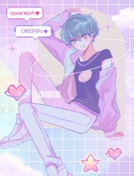 Rule 34 | 1boy, cloud, cookie run, english text, grin, hair between eyes, heart, highres, humanization, looking at viewer, mamimumemo, pants, personification, purple shirt, shirt, short hair, short sleeves, smile, solo, spearmint cookie, speech bubble, star (symbol), t-shirt