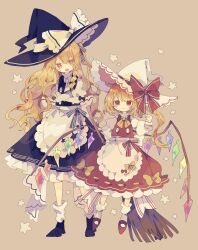Rule 34 | 2girls, absurdres, apron, black footwear, black headwear, black skirt, black vest, blonde hair, bow, braid, broom, closed mouth, commentary, crossed arms, crystal, flandre scarlet, full body, hat, hat bow, highres, kirisame marisa, long hair, long sleeves, looking at viewer, matching outfits, multiple girls, nikorashi-ka, open mouth, red bow, red eyes, red footwear, red skirt, red vest, shirt, shoes, simple background, single braid, skirt, smile, star (symbol), symbol-only commentary, touhou, vest, waist apron, white apron, white bow, white headwear, white shirt, wings, witch hat, yellow eyes