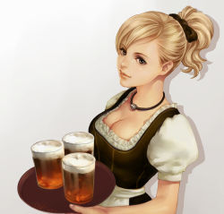 Rule 34 | 1girl, alcohol, beer, blonde hair, breasts, brown eyes, cleavage, dirndl, eriya-j, german clothes, has bad revision, has downscaled revision, jewelry, lips, md5 mismatch, necklace, original, ponytail, resolution mismatch, short hair, smile, solo, source smaller, traditional clothes, tray, waitress