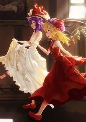Rule 34 | absurdres, adapted costume, bare arms, bare shoulders, bat wings, black wings, blonde hair, clothes lift, collarbone, crystal, dress, dress lift, flandre scarlet, frilled dress, frills, from side, gloves, hat, hat ribbon, highres, indoors, lifted by self, mob cap, pink hat, pointy ears, portrait (object), profile, purple eyes, purple hair, red dress, red eyes, red footwear, red ribbon, remilia scarlet, ribbon, ririri, sash, shoes, siblings, sisters, smile, strapless, strapless dress, sunlight, touhou, walking, white dress, white gloves, white hat, window, wings