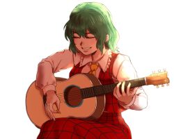 Rule 34 | 1girl, acoustic guitar, ascot, closed eyes, commentary request, frilled shirt collar, frills, green hair, grin, guitar, highres, instrument, kazami yuuka, kuya (hey36253625), long sleeves, music, open clothes, open vest, plaid, plaid skirt, plaid vest, playing instrument, plectrum, red vest, shirt, simple background, sitting, skirt, skirt set, smile, solo, touhou, vest, wavy hair, white background, white shirt, yellow ascot