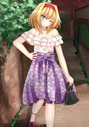 Rule 34 | 1girl, ;), alice margatroid, alternate costume, ankle ribbon, bad id, bad pixiv id, bag, bare shoulders, blonde hair, blouse, blue eyes, blurry, breasts, brick wall, bush, cleavage, collarbone, contemporary, depth of field, floral print, frilled shirt, frills, hairband, hand on own hip, handbag, head tilt, highres, leg lift, leg ribbon, light particles, nail polish, off shoulder, one eye closed, purple footwear, purple skirt, red nails, ribbon, sett, shirt, shoes, short hair, short sleeves, skirt, smile, solo, standing, standing on one leg, touhou, tree, walkway, white shirt, yuki (snowmaiden)