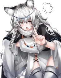 Rule 34 | 1girl, :o, puff of air, animal ear fluff, animal ears, arknights, blush, braid, cape, capelet, circlet, cowboy shot, fluegel (kaleido scope-710), grey cape, grey hair, hair between eyes, highres, index finger raised, leaning forward, leopard tail, pramanix (arknights), side braids, solo, tail, thighhighs, white background