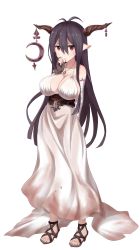 Rule 34 | 10s, 1girl, antenna hair, arm behind back, bandages, black hair, breasts, chocola flex, cleavage, danua, dirty, dirty clothes, draph, dress, female focus, finger to mouth, fingerless gloves, full body, gloves, granblue fantasy, hair between eyes, horn ornament, horns, jewelry, large breasts, long hair, looking at viewer, necklace, pointy ears, red eyes, sandals, solo, white dress