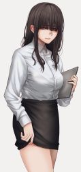Rule 34 | 1girl, bags under eyes, blouse, bralines, breasts, brown hair, clipboard, closed mouth, clothes lift, collared shirt, cowboy shot, green eyes, grey shirt, hair over eyes, highres, holding, holding clipboard, hoshi san 3, jimiko, large breasts, long hair, long sleeves, looking at viewer, miniskirt, mole, mole on neck, mole on thigh, mole under eye, office lady, original, pencil skirt, shirt, simple background, skirt, skirt lift, solo, squinting, standing, white background, white shirt, wing collar
