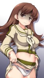 Rule 34 | 1girl, 547th sy, breasts, brown eyes, brown hair, closed mouth, clothes lift, gradient background, highres, kantai collection, large breasts, lifting own clothes, long hair, long sleeves, midriff, navel, neckerchief, ooi (kancolle), ooi kai ni (kancolle), panties, sailor collar, school uniform, serafuku, shaded face, simple background, skirt, skirt lift, solo, underwear, wavy mouth, white panties