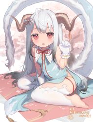 Rule 34 | 1girl, barefoot, blue dress, breasts, china dress, chinese clothes, claw pose, cloneko (zelmeledf2), dragon girl, dragon horns, dragon tail, dress, full body, gloves, highres, horns, long hair, looking at viewer, open mouth, original, pelvic curtain, red eyes, side slit, sitting, small breasts, solo, tail, very long hair, white gloves, white hair, yokozuwari