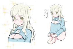 Rule 34 | 1girl, adapted costume, aohashi ame, ascot, bare legs, blush, breast conscious, cleavage cutout, clothing cutout, empty eyes, eyebrows, frown, glasses, highres, long hair, long sleeves, meme attire, multiple views, onee-chan no te wo totte, open-chest sweater, panties, parody, perrine h. clostermann, simple background, sitting, smile, sparkle, speech bubble, strike witches, sweater, underwear, white background, white panties, world witches series