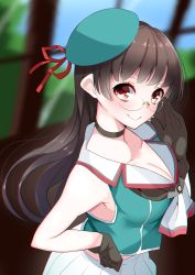 Rule 34 | &gt;:), 10s, 1girl, absurdres, adjusting eyewear, armpits, bare shoulders, beret, black hair, blunt bangs, blurry, blurry background, blush, breasts, brown gloves, brown hair, choker, choukai (kancolle), choukai kai ni (kancolle), chromatic aberration, cleavage, closed mouth, collarbone, collared vest, cowboy shot, from side, glasses, gloves, green hat, green vest, hand on own hip, hand up, hat, hat ribbon, highres, indoors, kantai collection, large breasts, long hair, looking at viewer, looking to the side, nebusoku, neckerchief, pleated skirt, red eyes, red ribbon, ribbon, rimless eyewear, school uniform, serafuku, skirt, smile, solo, upper body, v-shaped eyebrows, very long hair, vest, white skirt, window