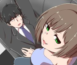 Rule 34 | &gt;:3, 1boy, 1girl, :3, black hair, brown hair, business suit, checkered floor, couch, fang, formal, from above, green eyes, hand on another&#039;s stomach, idolmaster, idolmaster cinderella girls, maekawa miku, necktie, open mouth, producer (idolmaster), producer (idolmaster cinderella girls anime), rugishi, short hair, straddling, suit, sweatdrop, v-shaped eyebrows