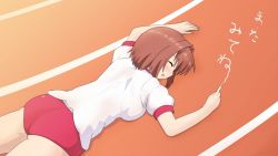 Rule 34 | 10s, 1girl, absolute duo, ass, blush, breasts, brown hair, closed eyes, gradient background, highres, hotaka miyabi, open mouth, short hair, shorts, solo