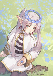 Rule 34 | 1girl, 1other, aqua eyes, artist name, black pantyhose, blush, boots, brown footwear, chestnut mouth, commentary request, crown, earrings, frieren, grey hair, head wreath, highres, himeyamato, holding, holding crown, jacket, jewelry, long hair, looking at viewer, on grass, open clothes, open jacket, outdoors, pantyhose, partial commentary, pointy ears, shirt, sitting, skirt, solo, sousou no frieren, sparkle, striped clothes, striped shirt, thick eyebrows, two side up, very long hair, white jacket, white skirt, yokozuwari