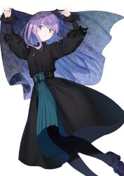 Rule 34 | 1girl, black dress, black pantyhose, blue eyes, blue ribbon, blush, breasts, coffeekite, dress, fate/extra, fate/extra ccc, fate/grand order, fate (series), green skirt, hair ribbon, highres, layered skirt, long hair, long sleeves, looking at viewer, meltryllis (fate), pantyhose, purple hair, ribbon, skirt, small breasts, solo, veil, very long hair