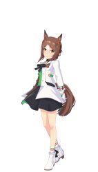 Rule 34 | 1girl, animal ears, arms behind back, bad link, black ribbon, black skirt, blush, brown eyes, brown hair, buttons, closed mouth, clover, clover hair ornament, double-breasted, fine motion (umamusume), full body, game model, gloves, grass, green shirt, hair between eyes, hair bun, hair ornament, hair ribbon, highres, horse ears, horse girl, horse tail, jacket, long sleeves, looking at viewer, multicolored hair, neck ribbon, open clothes, open jacket, red ribbon, ribbon, shirt, sidelocks, single hair bun, skirt, smile, solo, standing, tachi-e, tail, transparent background, two-tone hair, umamusume, white gloves, white hair, white jacket