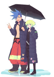 Rule 34 | 2boys, abs, absurdres, androgynous, artist name, belt, black belt, blue eyes, blue hair, boots, buzz cut, character name, commentary request, firefighter, full body, galo thymos, green hair, highres, holding, holding umbrella, jacket, kome 1022, lio fotia, looking at viewer, male focus, multicolored eyes, multiple boys, open clothes, open jacket, open mouth, orange eyes, pants, promare, purple eyes, rabbit, red pants, shiba inu, short hair, sidelocks, simple background, smile, sticker, umbrella, v, very short hair, white background