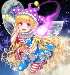 Rule 34 | 1girl, american flag dress, american flag legwear, blonde hair, clownpiece, dress, earth (planet), embellished costume, fairy wings, fire, floating hair, frilled hat, frills, hat, highres, jester cap, long hair, looking at viewer, mise yuzuki, moon, neck ruff, open mouth, pantyhose, petticoat, planet, polka dot, red eyes, short dress, smile, solo, space, star (symbol), striped clothes, striped pantyhose, teeth, torch, touhou, v, very long hair, wavy hair, wings