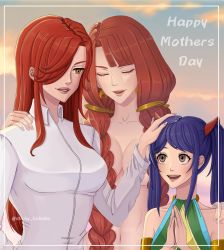 Rule 34 | 3girls, blue hair, braid, breasts, earrings, erza scarlet, closed eyes, fairy tail, hair over one eye, highres, irene belserion, jewelry, large breasts, long hair, mature female, mother&#039;s day, mother and daughter, multiple girls, navel, nude, red hair, twin braids, twintails, wendy marvell