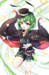 Rule 34 | ametama (runarunaruta5656), androgynous, antennae, black cape, black hat, blue shorts, cape, danmaku, feet out of frame, flat chest, gender request, glowing, green eyes, green hair, hat, highres, holding, holding cape, holding clothes, knee up, light blush, long sleeves, mary janes, military, military uniform, open mouth, pointy ears, red cape, shoes, short hair, shorts, smile, solo, tagme, teeth, tomboy, touhou, two-sided cape, two-sided fabric, uniform, upper teeth only, very short hair, white background, wriggle nightbug