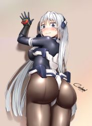 Rule 34 | 1girl, absurdres, against wall, armor, ass, blue eyes, blush, bodysuit, breasts, curvy, embarrassed, female focus, from behind, gloves, headgear, highres, hip focus, horizon ariadust, kyoukaisenjou no horizon, long hair, looking at viewer, looking back, medium breasts, overlord (overlord80000), pantyhose, shiny clothes, sideboob, silver hair, solo, teardrop, tears, thick thighs, thighs, very long hair, wide hips