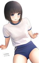 Rule 34 | 1girl, black eyes, black hair, bob cut, buruma, commentary request, crotch, dated, gym uniform, hanako (peanut), highres, looking at viewer, original, shirt, short hair, simple background, solo, t-shirt, thighs, tongue, tongue out, translation request