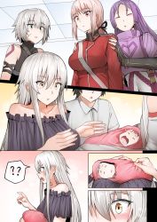 Rule 34 | 2boys, 4girls, black hair, breasts, comic, confused, dress, fate/grand order, fate (series), father and son, florence nightingale (fate), fujimaru ritsuka (male), ginhaha, gown, green eyes, jack the ripper (fate/apocrypha), jeanne d&#039;arc (fate), jeanne d&#039;arc alter (avenger) (fate), jeanne d&#039;arc alter (fate), large breasts, long hair, minamoto no raikou (fate), mother and son, multiple boys, multiple girls, pink hair, purple hair, red eyes, silver hair, surprised, very long hair, yellow eyes
