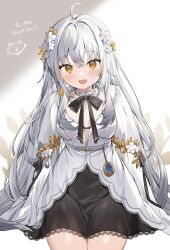 Rule 34 | 1girl, absurdres, ahoge, black bow, black bowtie, black skirt, bow, bowtie, commission, dress, earrings, flower, gradient background, grey hair, hair flower, hair ornament, highres, inuyayo, jewelry, lace, lace-trimmed skirt, lace trim, long hair, long sleeves, original, sitting, skeb commission, skirt, solo, tassel, tassel earrings, thank you, white background, white dress, white flower, yellow eyes