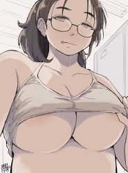 Rule 34 | 1girl, absurdres, areola slip, breasts, brown eyes, brown hair, dated, freckles, glasses, hadashi no kenji, highres, indoors, large breasts, licking lips, lifting own clothes, plump, solo, sports bra, tongue, tongue out, underboob, upper body