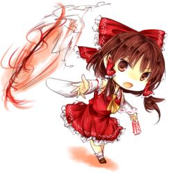 Rule 34 | 1girl, ascot, bow, brown eyes, brown footwear, brown hair, chest sarashi, chibi, commentary request, detached sleeves, frilled skirt, frills, full body, hair bow, hair tubes, hakurei reimu, kutsuki kai, ofuda, red bow, red skirt, ribbon-trimmed sleeves, ribbon trim, sarashi, sidelocks, skirt, socks, solo, touhou, white background, white socks, wide sleeves, yellow ascot