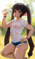 Rule 34 | 1girl, blurry, blurry background, bottle, breasts, brown eyes, brown hair, commentary, covered erect nipples, denim, denim shorts, english commentary, hair ornament, hand on own hip, highres, leg up, lilith parker (novcel), long hair, novcel, open mouth, original, pointy ears, pouring, pouring onto self, see-through, shirt, short shorts, short sleeves, shorts, signature, small breasts, solo, thighs, twintails, very long hair, water, water bottle, wet, wet clothes, wet shirt, white shirt