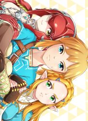 Rule 34 | 1boy, 2girls, absurdres, blonde hair, blue eyes, braid, colored skin, crown braid, fish girl, green eyes, hair ornament, hairclip, highres, holding another&#039;s arm, jealous, jewelry, light brown hair, link, long hair, mipha, mizunocarbona, multiple girls, nintendo, pointy ears, pout, princess zelda, red skin, short hair, sideways, the legend of zelda, the legend of zelda: breath of the wild, yellow eyes, zora
