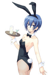 Rule 34 | 1girl, animal ears, ass, atlus, bare shoulders, blue eyes, blue hair, blush, bow, bowtie, breasts, cocktail, drink, fake animal ears, female focus, fishnet pantyhose, fishnets, harald, holding, looking at viewer, looking back, matching hair/eyes, negi hei, open mouth, pantyhose, persona, persona 4, playboy bunny, rabbit ears, rabbit tail, serious, shirogane naoto, short hair, sideboob, solo, tail, tray, wrist cuffs