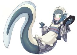 Rule 34 | 1girl, 4138, apron, bad id, bad pixiv id, blush, eel girl, fins, green eyes, green hair, head fins, looking at viewer, maid, maid headdress, mermaid, monster girl, original, smile, tray, wa maid, webbed hands, white background, wide sleeves