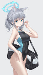 Rule 34 | 1girl, absurdres, animal ear fluff, animal ears, bare arms, bare legs, bare shoulders, black one-piece swimsuit, blue archive, blue eyes, blue halo, breasts, closed mouth, covered navel, cowboy shot, extra ears, grey hair, halo, highres, mansu (user pnmp4287), medium breasts, medium hair, official alternate costume, one-piece swimsuit, ponytail, shiroko (blue archive), shiroko (swimsuit) (blue archive), simple background, solo, swimsuit, white background, wolf ears